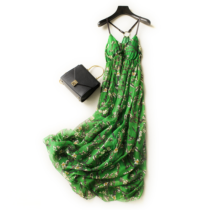 Women 100 Silk dress Beach dress 100% Natural Silk Green Printed dress Holiday summer dresses